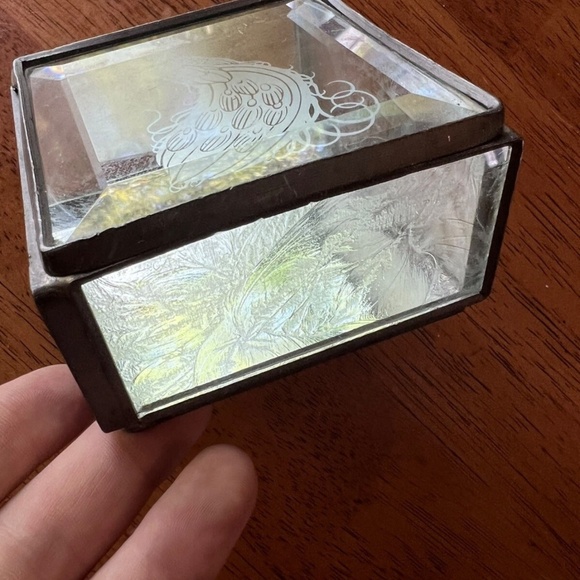 Square Beveled Glass & Metal Footed Jewelry Trinket Box Casket peacock Design 3” - Picture 3 of 9